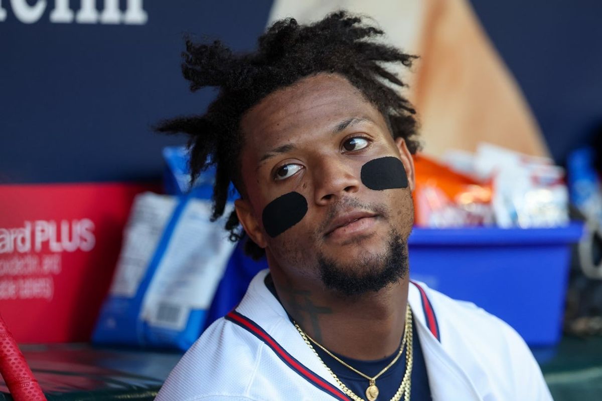 Jul 2, 2025; Atlanta, Georgia, USA; Atlanta Braves right fielder Ronald Acuna Jr. (13) in the dugout against the Los Angeles Angels in the second inning at Truist Park. Mandatory Credit: Brett Davis-Imagn Images