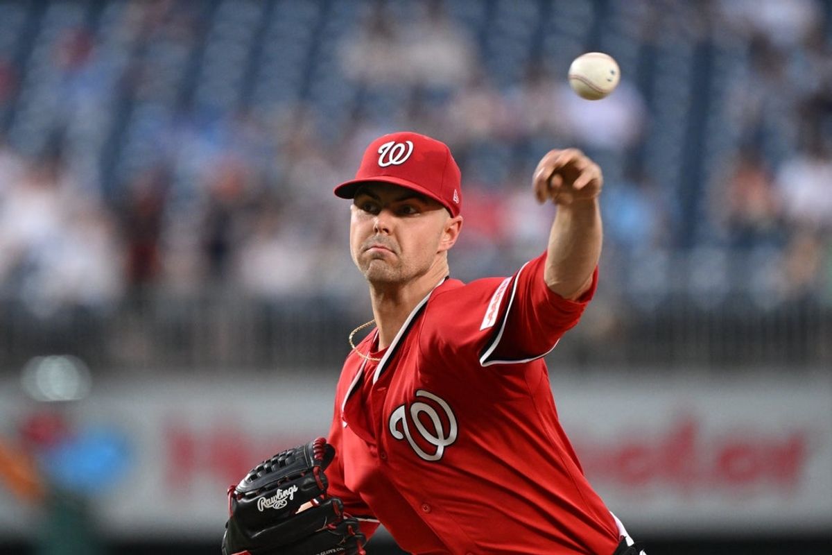Jul 2, 2025; Washington, District of Columbia, USA; Washington Nationals starting pitcher MacKenzie Gore (1) throws a pitch against the Detroit Tigers during the fifth inning at Nationals Park. Mandatory Credit: Rafael Suanes-Imagn Images
