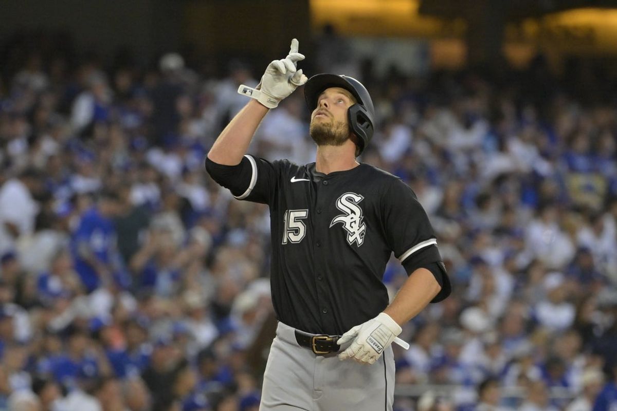 Jul 2, 2025; Los Angeles, California, USA;  Chicago White Sox outfielder Austin Slater (15) celebrates a two run home run during the third inning against the Los Angeles Dodgers at Dodger Stadium. Mandatory Credit: Jayne Kamin-Oncea-Imagn Images