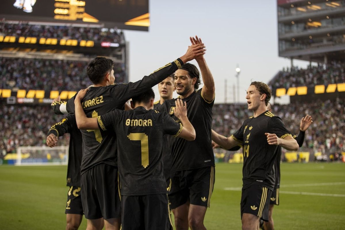 Jul 2, 2025; Santa Clara, California, USA; Mexico celebrates a second half goal against Honduras in a semifinal match of the 2025 Gold Cup at Levi's Stadium. Mandatory Credit: John Hefti-Imagn Images