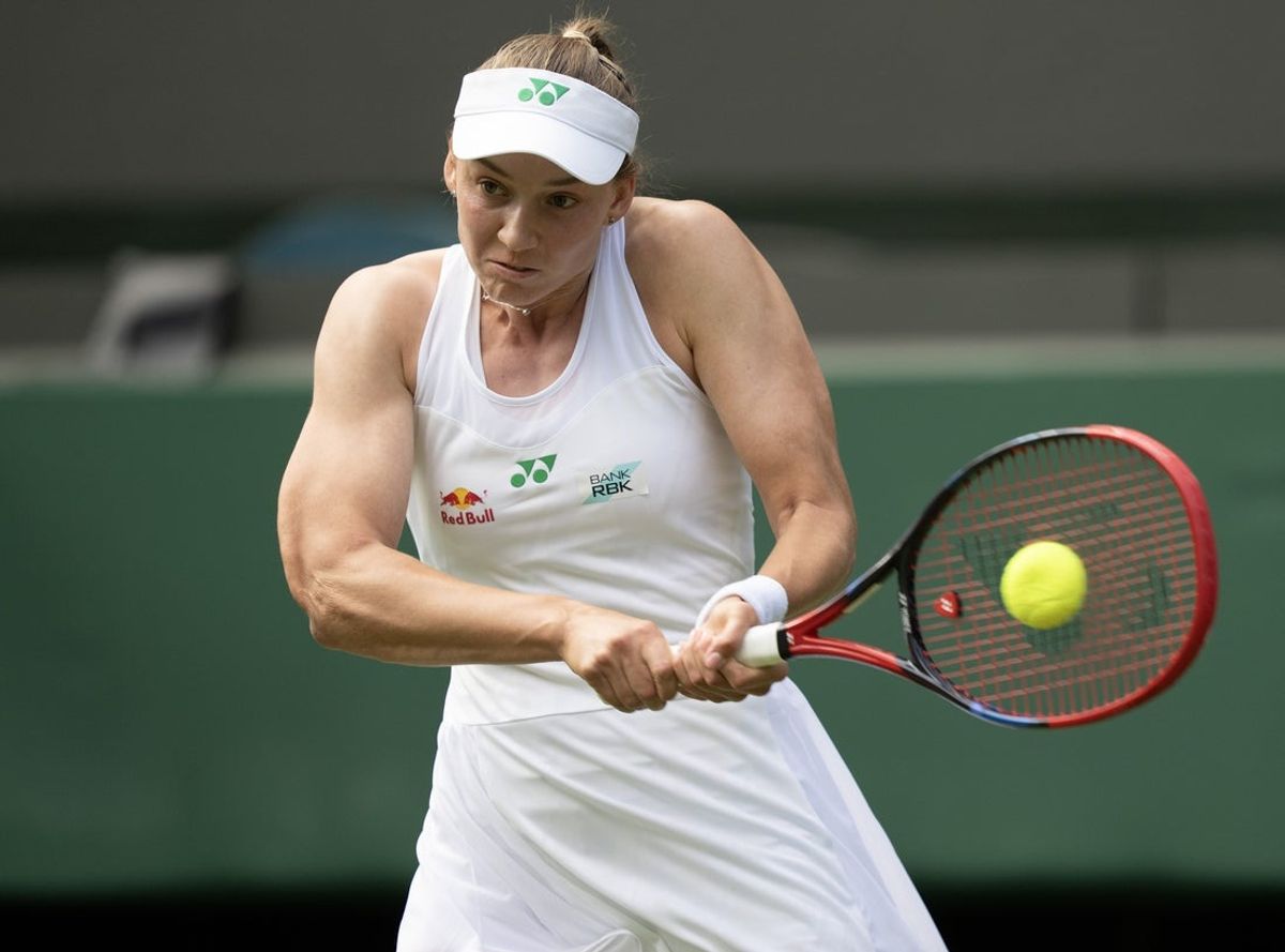 Jul 3, 2025; Wimbledon, United Kingdom; Elena Rybakina of Kazakhstan returns a shot during her match against Maria Sakkari of Greece on day four at the All England Lawn Tennis and Croquet Club. Mandatory Credit: Susan Mullane-Imagn Images