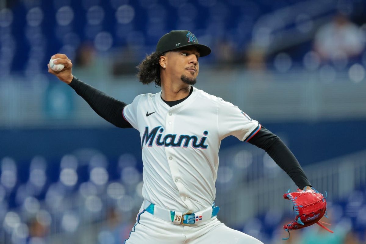 Jul 3, 2025; Miami, Florida, USA; Miami Marlins starting pitcher Eury Perez (39) delivers a pitch against the Minnesota Twins during the first inning at loanDepot Park. Mandatory Credit: Sam Navarro-Imagn Images