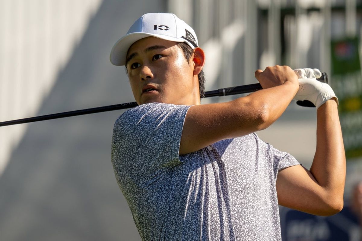 Jul 3, 2025; Silvis, Illinois, USA; Kaito Onishi hits his tee shot on the first tee during the first round of the John Deere Classic golf tournament. Mandatory Credit: Marc Lebryk-Imagn Images