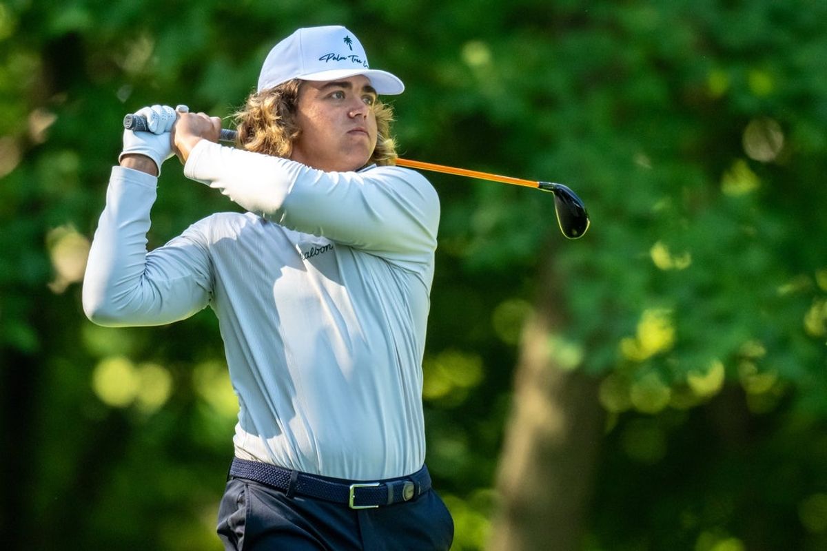 Jul 3, 2025; Silvis, Illinois, USA; Garrick Higgo tees off on the 6th hole during the first round of the John Deere Classic golf tournament. Mandatory Credit: Marc Lebryk-Imagn Images
