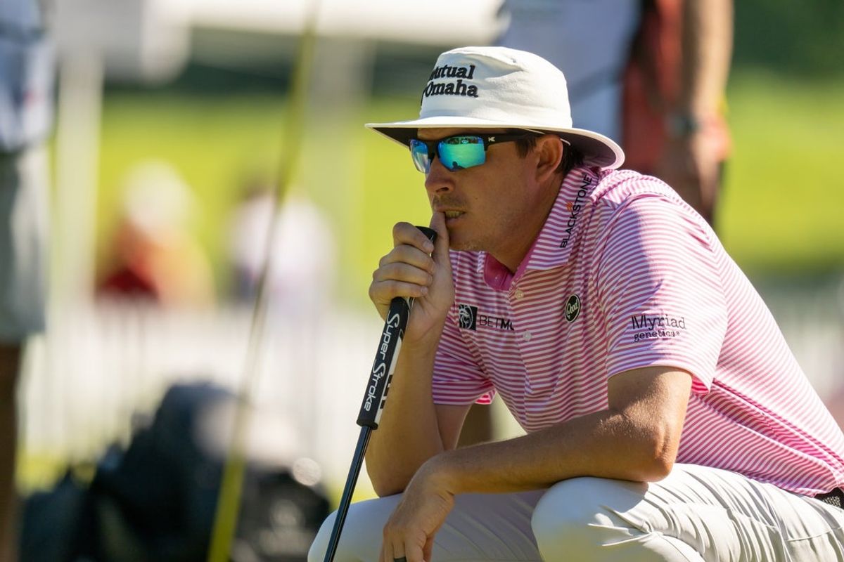 Jul 3, 2025; Silvis, Illinois, USA; Joel Dahmen lines up a putt on the 9th green during the first round of the John Deere Classic golf tournament. Mandatory Credit: Marc Lebryk-Imagn Images