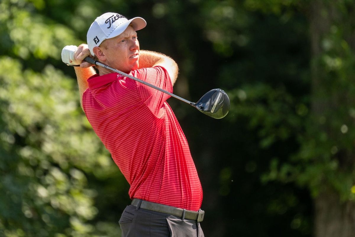 Jul 3, 2025; Silvis, Illinois, USA; Hayden Springer tees off on the 13th hole during the first round of the John Deere Classic golf tournament. Mandatory Credit: Marc Lebryk-Imagn Images