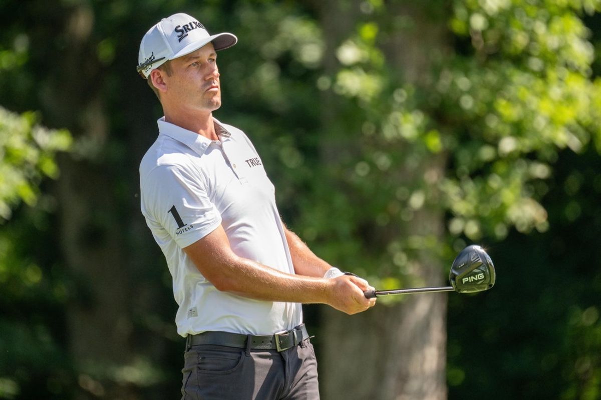Jul 3, 2025; Silvis, Illinois, USA; Andrew Putnam tees off on the 13th hole during the first round of the John Deere Classic golf tournament. Mandatory Credit: Marc Lebryk-Imagn Images