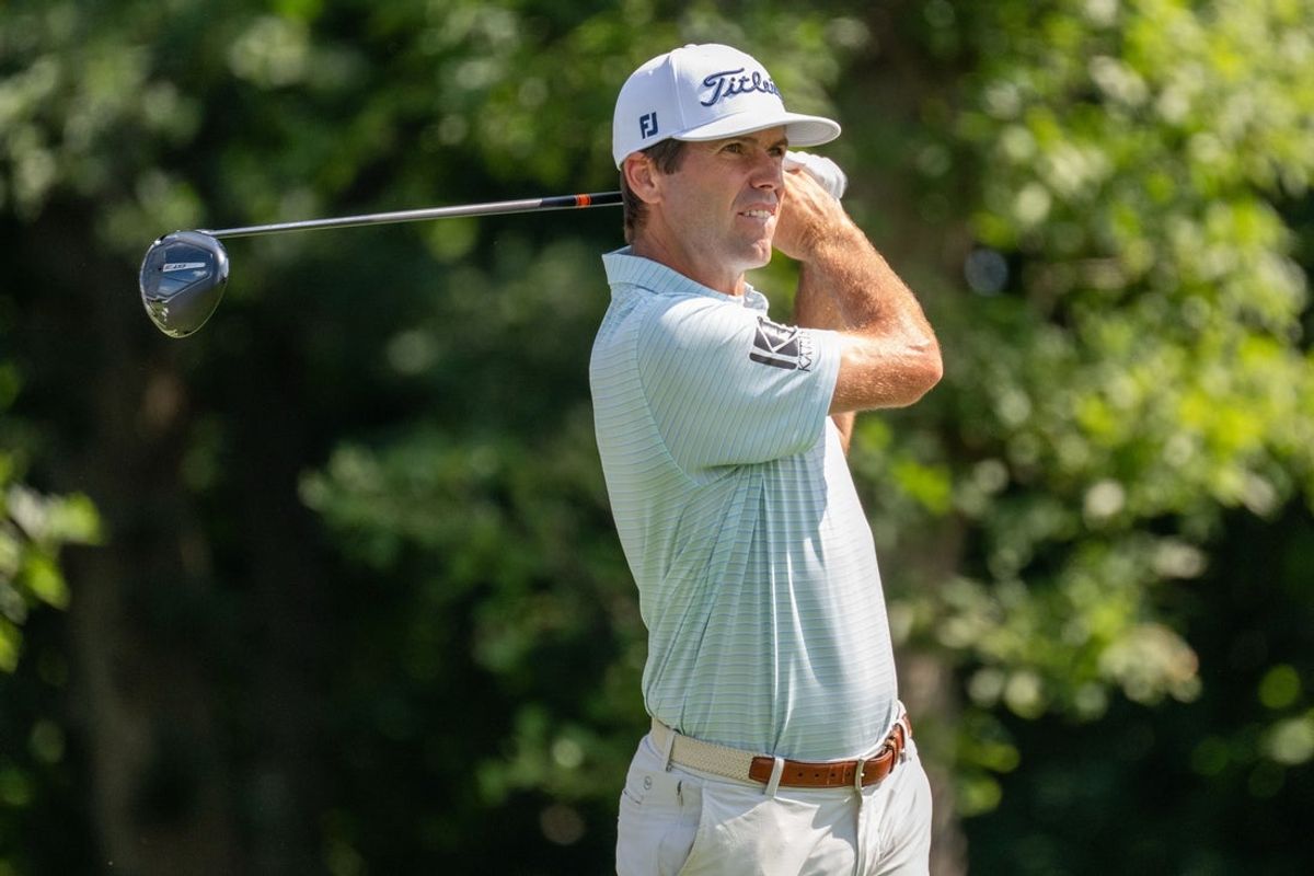 Jul 3, 2025; Silvis, Illinois, USA; Ben Martin tees off on the 13th hole during the first round of the John Deere Classic golf tournament. Mandatory Credit: Marc Lebryk-Imagn Images