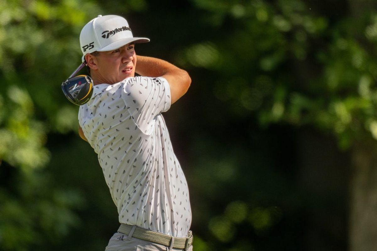 Jul 3, 2025; Silvis, Illinois, USA; Ben Griffin tees off on the 13th hole during the first round of the John Deere Classic golf tournament. Mandatory Credit: Marc Lebryk-Imagn Images