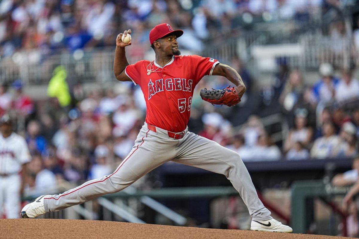 Jul 3, 2025; Cumberland, Georgia, USA; Los Angeles Angels starting pitcher Jose Soriano (59) pitches against the Atlanta Braves during the first inning at Truist Park. Mandatory Credit: Dale Zanine-Imagn Images