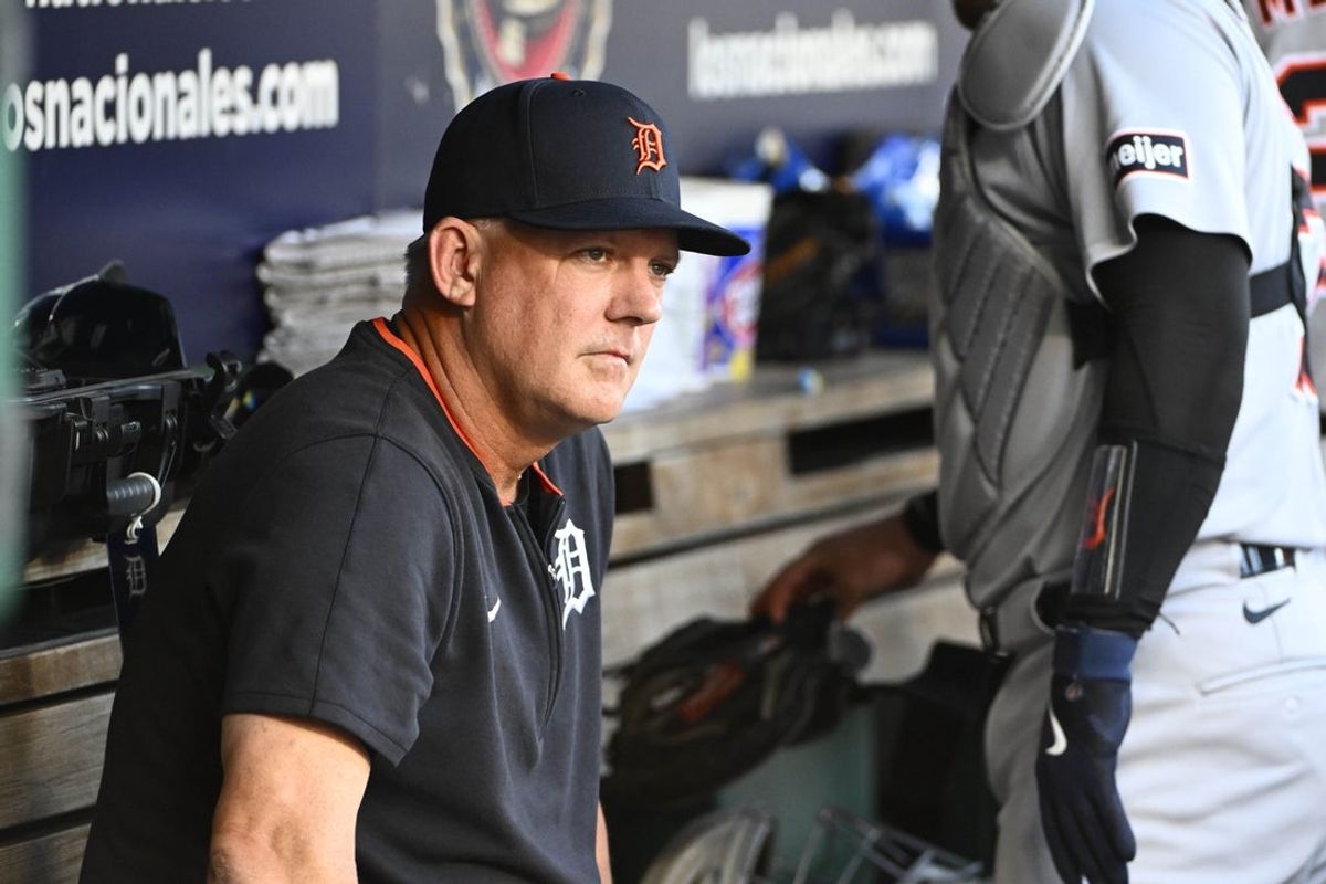 Jul 3, 2025; Washington, District of Columbia, USA; Detroit Tigers manager A.J. Hinch (14) in the dugout before the game against the Washington Nationals at Nationals Park. Mandatory Credit: Brad Mills-Imagn Images