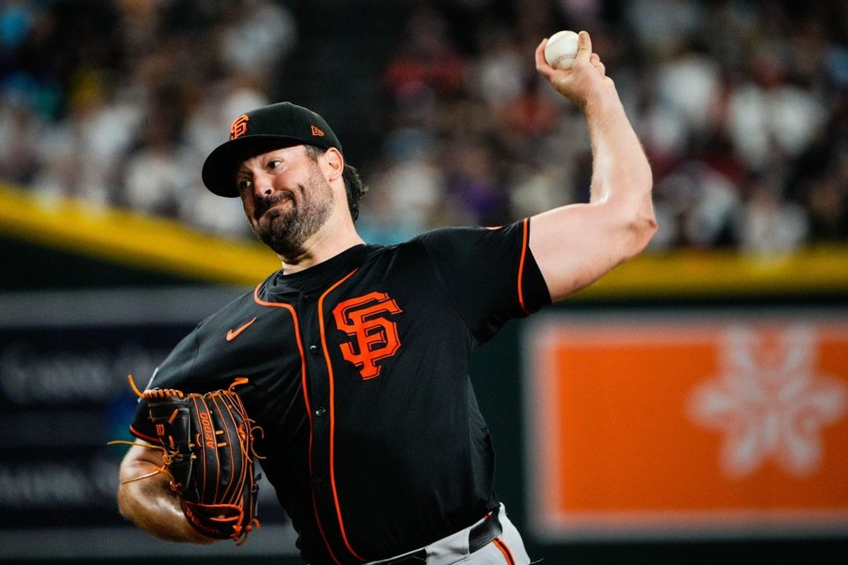 Jul 3, 2025; Phoenix, Arizona, USA; San Francisco Giants pitcher Robbie Ray (38) pitches during the fourth inning during a game between the Arizona Diamondbacks and the San Francisco Giants at Chase Field. Mandatory Credit: Arianna Grainey-Imagn Images