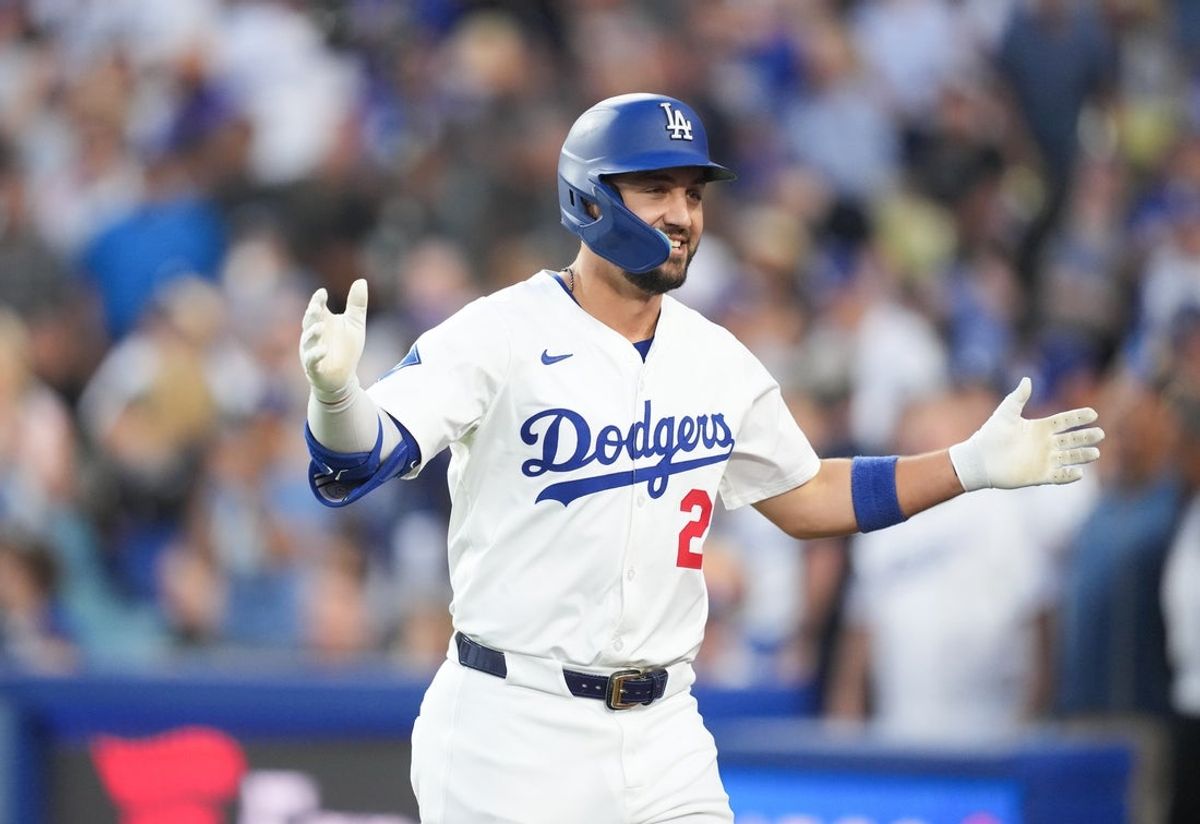 Jul 3, 2025; Los Angeles, California, USA; Los Angeles Dodgers left fielder Michael Conforto (23) celebrates after hitting a two run home run during the third inning against the Chicago White Sox at Dodger Stadium. Mandatory Credit: Kirby Lee-Imagn Images