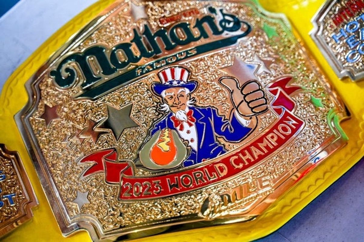 Nathan's Hot Dog Eating champion Joey Chestnut's belt before the Lugnuts game against the TinCaps on Thursday, Aug. 10, 2023, at Jackson Field in Lansing.