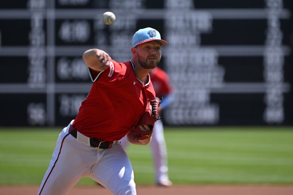 Jul 4, 2025; Washington, District of Columbia, USA; Washington Nationals starting pitcher Michael Soroka (34) throws a pitch against the Boston Red Sox during the first inning at Nationals Park. Mandatory Credit: Rafael Suanes-Imagn Images