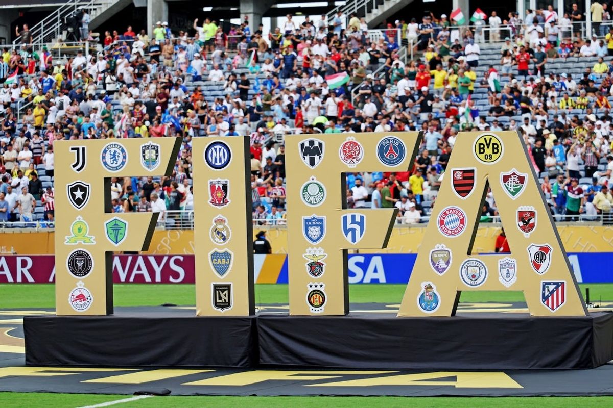 Jul 4, 2025; Orlando, Florida, USA; A general view of the Fifa logo before the game between Al Hilal FC and Fluminense FC during a quarterfinal match of the 2025 FIFA Club World Cup at Camping World Stadium. Mandatory Credit: Nathan Ray Seebeck-Imagn Images