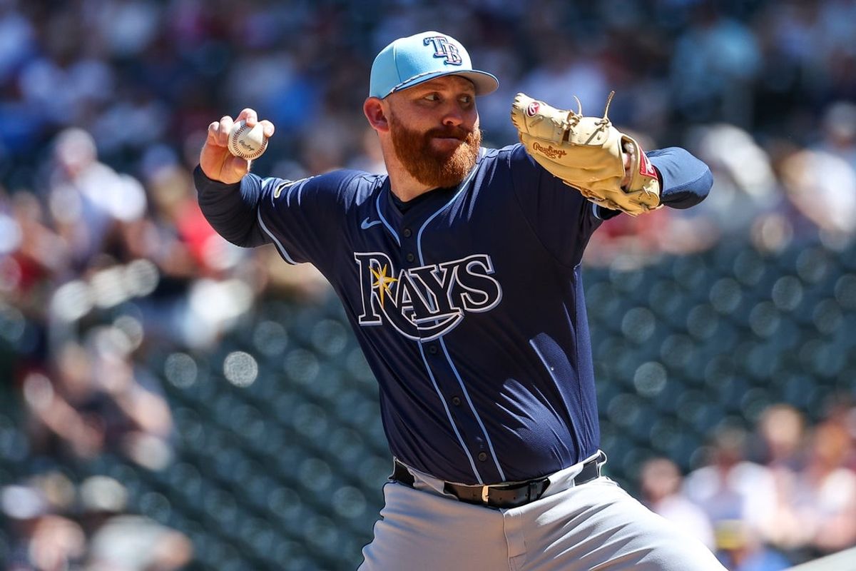 Jul 4, 2025; Minneapolis, Minnesota, USA; Tampa Bay Rays starting pitcher Zack Littell (52) delivers a pitch against the Minnesota Twins during the first inning at Target Field. Mandatory Credit: Matt Krohn-Imagn Images
