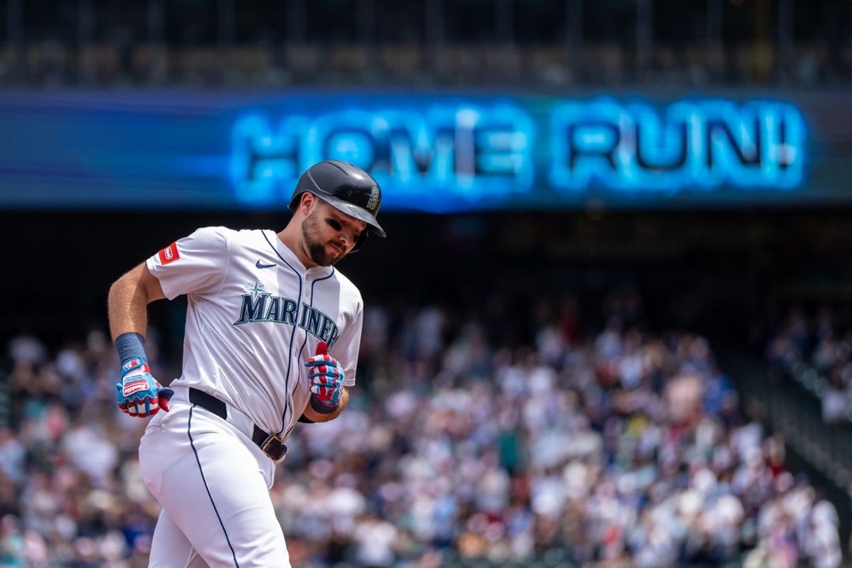 Jul 4, 2025; Seattle, Washington, USA; Seattle Mariners designated hitter Cal Raleigh (29) rounds the bases after hitting a two-run home run during the first inning against the Pittsburgh Pirates at T-Mobile Park. Mandatory Credit: Stephen Brashear-Imagn Images