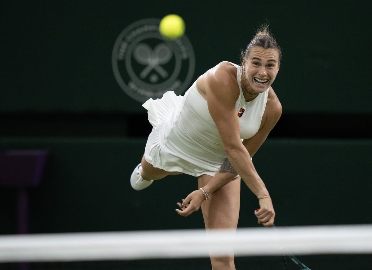 Jul 4, 2025; Wimbledon, United Kingdom; Aryna Sabalenka serves the ball during her match against Emma Raducanu of Great Britain on day five at the All England Lawn Tennis and Croquet Club. Mandatory Credit: Susan Mullane-Imagn Images
