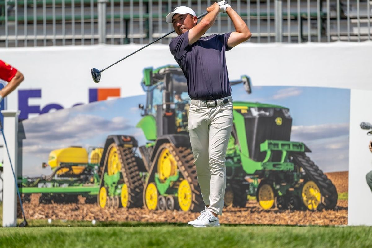 Jul 4, 2025; Silvis, Illinois, USA; Doug Ghim tees off on the first hole during the second round of the John Deere Classic golf tournament. Mandatory Credit: Marc Lebryk-Imagn Images