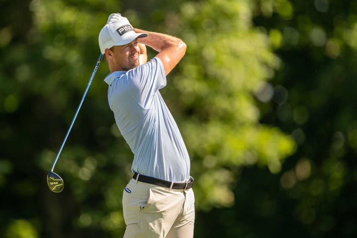 Jul 4, 2025; Silvis, Illinois, USA; Victor Perez tees off on the 13th hole during the second round of the John Deere Classic golf tournament. Mandatory Credit: Marc Lebryk-Imagn Images