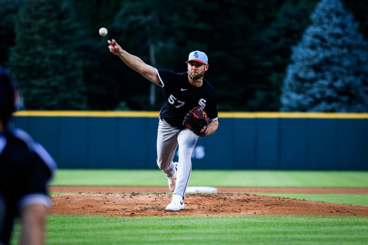 Jul 4, 2025; Denver, Colorado, USA; Chicago White Sox pitcher Adrian Houser (57) pitches against the Colorado Rockies at Coors Field. Mandatory Credit: Chet Strange-Imagn Images