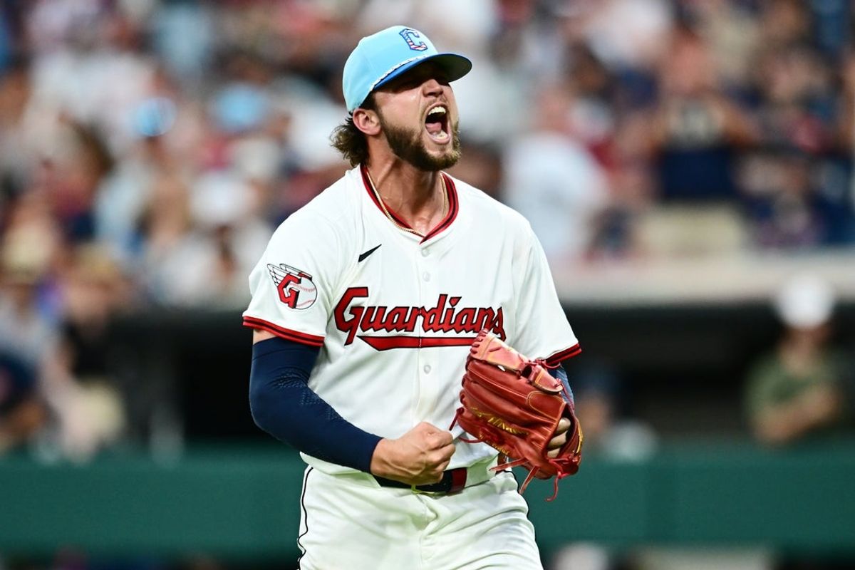 Jul 4, 2025; Cleveland, Ohio, USA; Cleveland Guardians starting pitcher Slade Cecconi (44) reacts after the third out in the sixth inning against the Detroit Tigers at Progressive Field. Mandatory Credit: Ken Blaze-Imagn Images