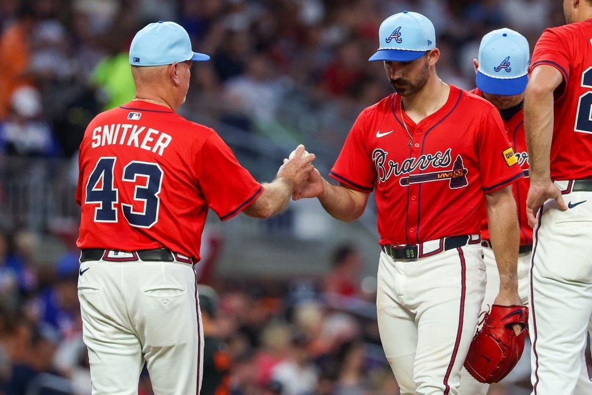 Jul 4, 2025; Atlanta, Georgia, USA; Atlanta Braves manager Brian Snitker (43) removes starting pitcher Spencer Strider (99) from a game against the Baltimore Orioles in the seventh inning at Truist Park. Mandatory Credit: Brett Davis-Imagn Images