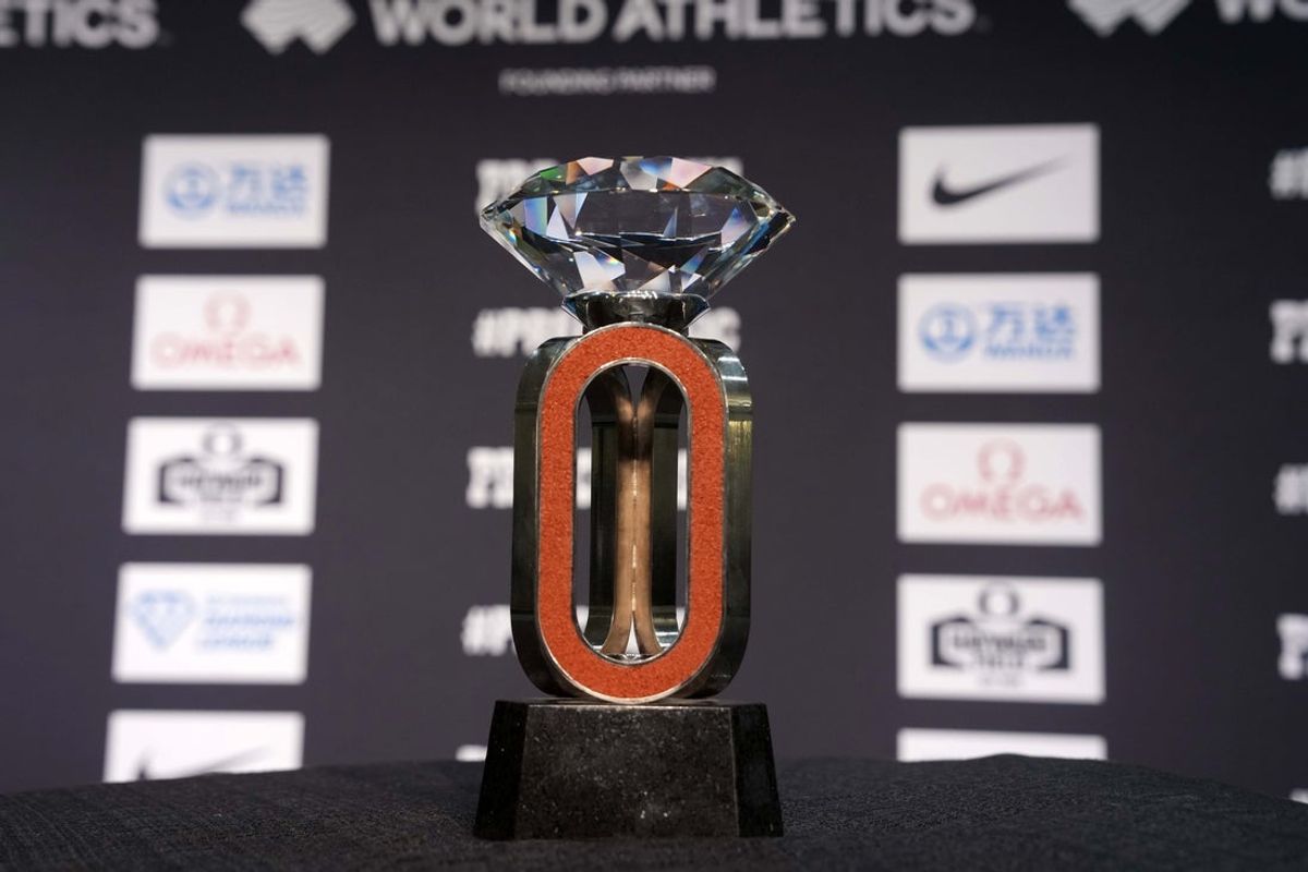 Jul 4, 2025; Eugene, OR, USA; The Diamond League trophy during the 50th Prefontaine Classic press conference at the Graduate Hotel Eugene. Mandatory Credit: Kirby Lee-Imagn Images
