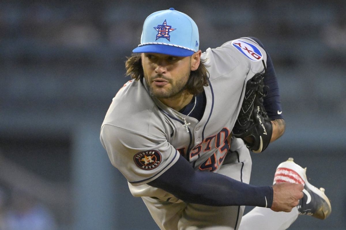 Jul 4, 2025; Los Angeles, California, USA; Houston Astros starting pitcher Lance McCullers Jr. (43) delivers in the seventh inning against the Los Angeles Dodgers at Dodger Stadium. Mandatory Credit: Jayne Kamin-Oncea-Imagn Images