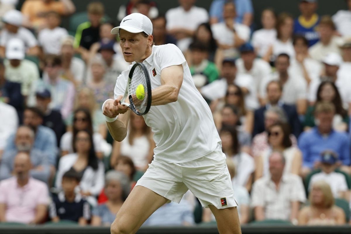 Jul 5, 2025; Wimbledon, United Kingdom; Jannik Sinner (ITA) hits a backhand against Pedro Martinez (ESP)(not pictured) on day six of The Championships Wimbledon 2025 at All England Lawn Tennis and Croquet Club. Mandatory Credit: Geoff Burke-Imagn Images