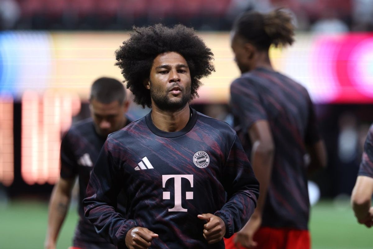 Jul 5, 2025; Atlanta, Georgia, USA; FC Bayern Munich forward Serge Gnabry (7) warms up before a quarterfinal match of the 2025 FIFA Club World Cup against Paris Saint-Germain at Mercedes-Benz Stadium. Mandatory Credit: Brett Davis-Imagn Images