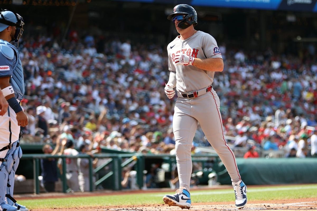 Jul 5, 2025; Washington, District of Columbia, USA; Boston Red Sox first baseman Romy Gonzalez (23) scores during the first inning against the Washington Nationals at Nationals Park. Mandatory Credit: Daniel Kucin Jr.-Imagn Images