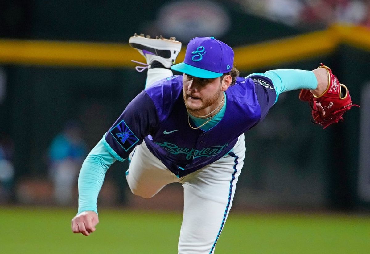 Diamondbacks pitcher Ryne Nelson (19) pitches in the first inning against the Royals during a game in Phoenix, at Chase Field on July 5, 2025.