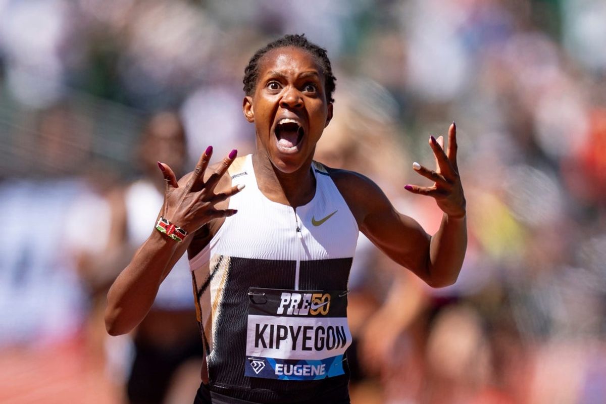 Kenya’s Faith Kipyegon sets a world record in the women’s 1,500 meters during the 50th anniversary of the Prefontaine Classic on July 5, 2025, at Hayward Field in Eugene.