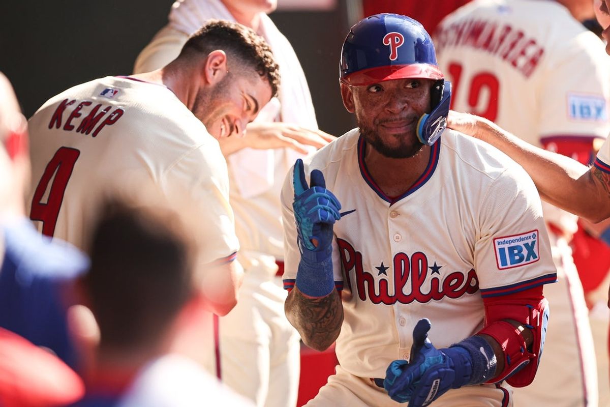 Jul 5, 2025; Philadelphia, Pennsylvania, USA; Philadelphia Phillies second base Edmundo Sosa (33) celebrates after his home run during the fifth inning against the Cincinnati Reds at Citizens Bank Park. Mandatory Credit: Bill Streicher-Imagn Images