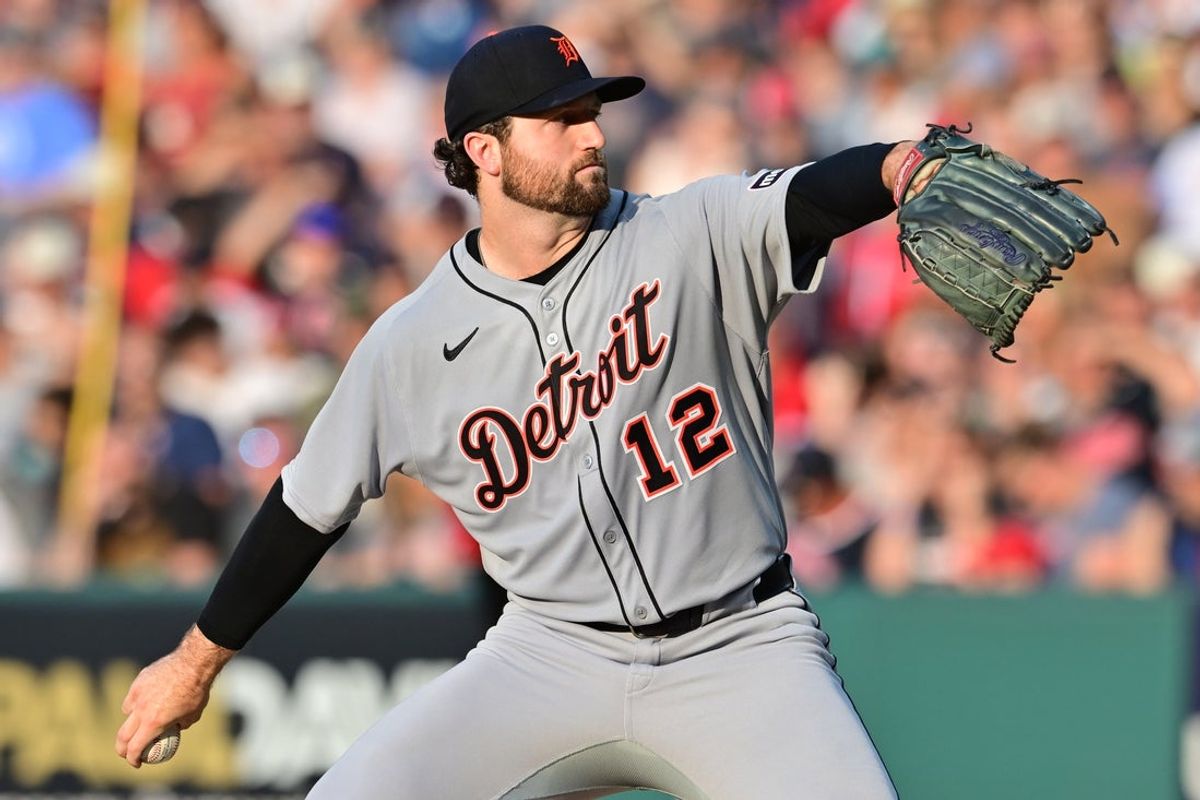 Jul 5, 2025; Cleveland, Ohio, USA; Detroit Tigers starting pitcher Casey Mize (12) throws a pitch during the first inning against the Cleveland Guardians at Progressive Field. Mandatory Credit: Ken Blaze-Imagn Images