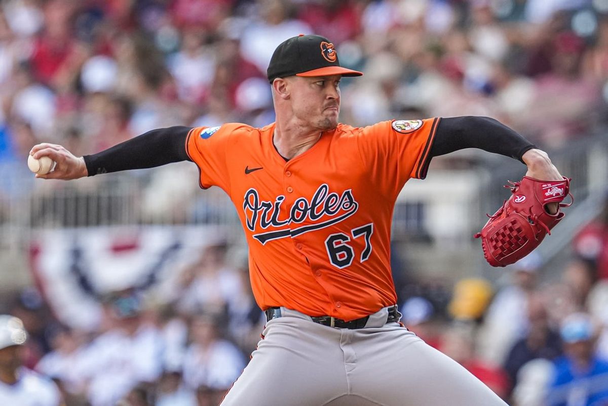 Jul 5, 2025; Cumberland, Georgia, USA; Baltimore Orioles relief pitcher Scott Blewett (67) pitches against the Atlanta Braves during the sixth inning at Truist Park. Mandatory Credit: Dale Zanine-Imagn Images