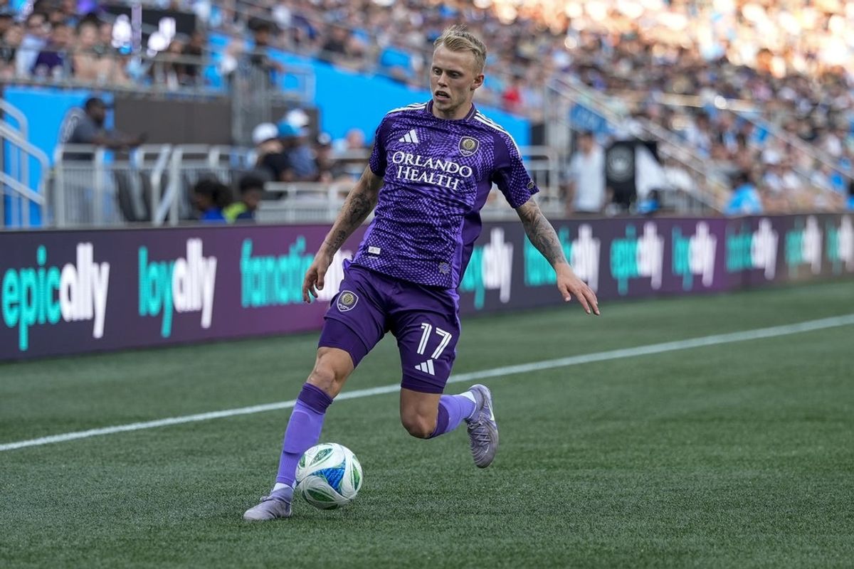 Jul 5, 2025; Charlotte, North Carolina, USA; Orlando City midfielder Dagur Thorhallsson (17) during the first half against Charlotte FC at Bank of America Stadium. Mandatory Credit: Jim Dedmon-Imagn Images