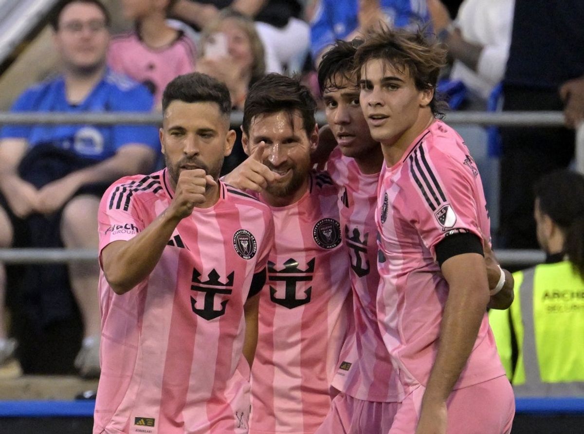 Jul 5, 2025; Montreal, Province of Quebec, CAN; Inter Miami CF forward Lionel Messi (10) celebrates after scoring a goal against CF Montreal during the first half at Saputo Stadium. Mandatory Credit: Eric Bolte-Imagn Images
