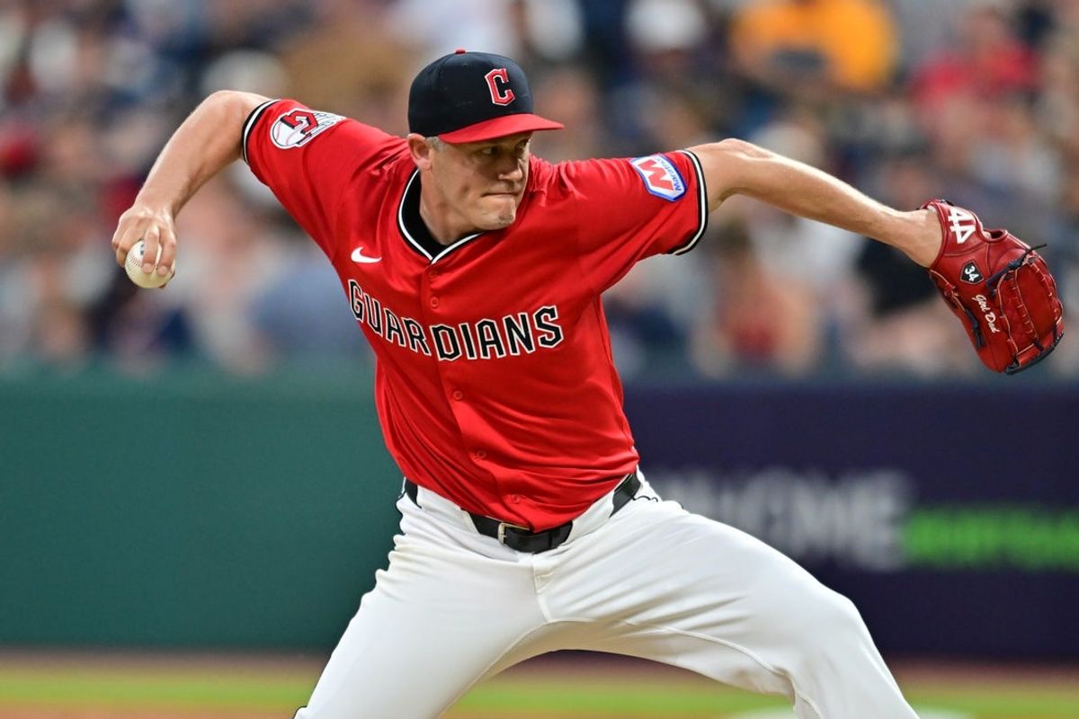 Jul 5, 2025; Cleveland, Ohio, USA; Cleveland Guardians relief pitcher Paul Sewald (34) throws a pitch during the eighth inning against the Detroit Tigers at Progressive Field. Mandatory Credit: Ken Blaze-Imagn Images