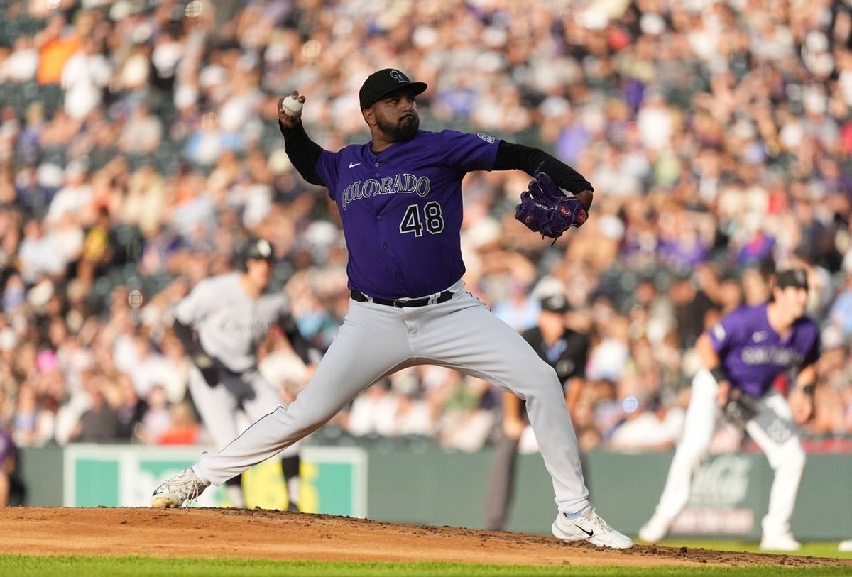 Jul 5, 2025; Denver, Colorado, USA; Colorado Rockies relief pitcher German Marquez (48) delivers a pitch in the second inning against the Chicago White Sox at Coors Field. Mandatory Credit: Ron Chenoy-Imagn Images