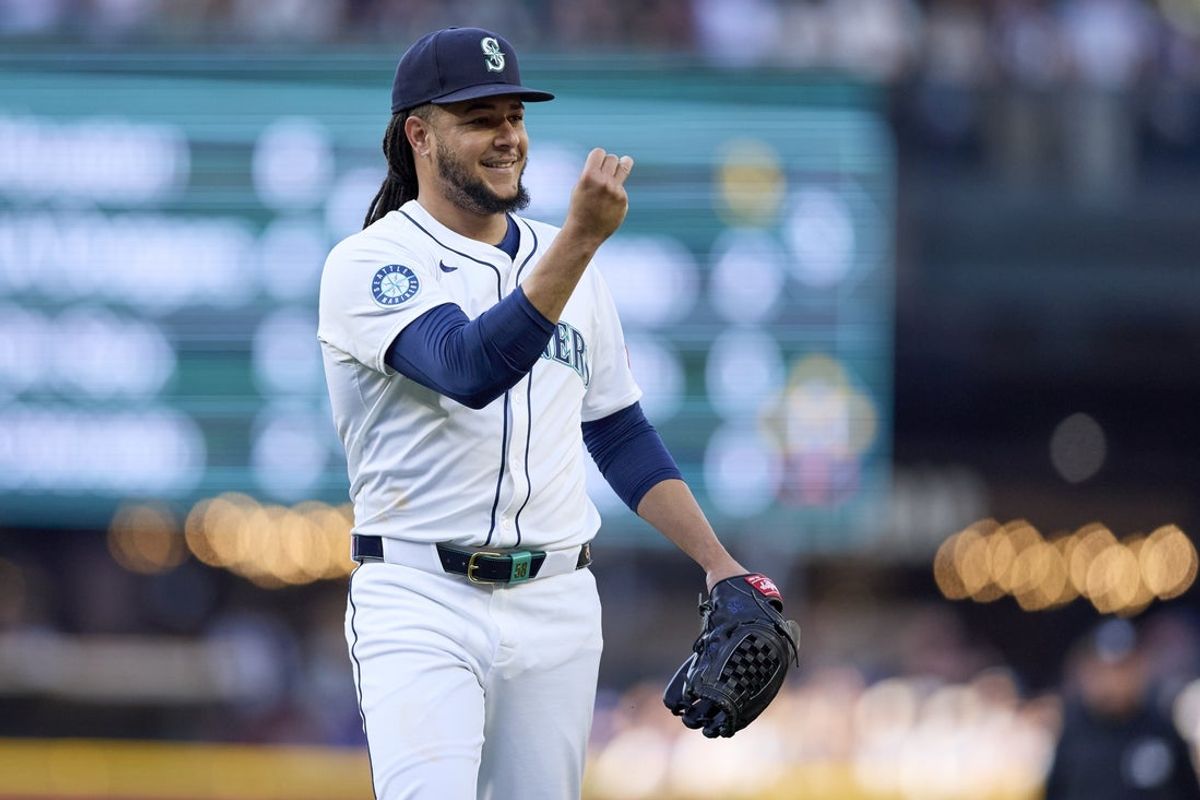Jul 5, 2025; Seattle, Washington, USA; Seattle Mariners starting pitcher Luis Castillo (58) reacts after striking out Pittsburgh Pirates right fielder Bryan Reynolds (10) during the first inning at T-Mobile Park. Mandatory Credit: John Froschauer-Imagn Images