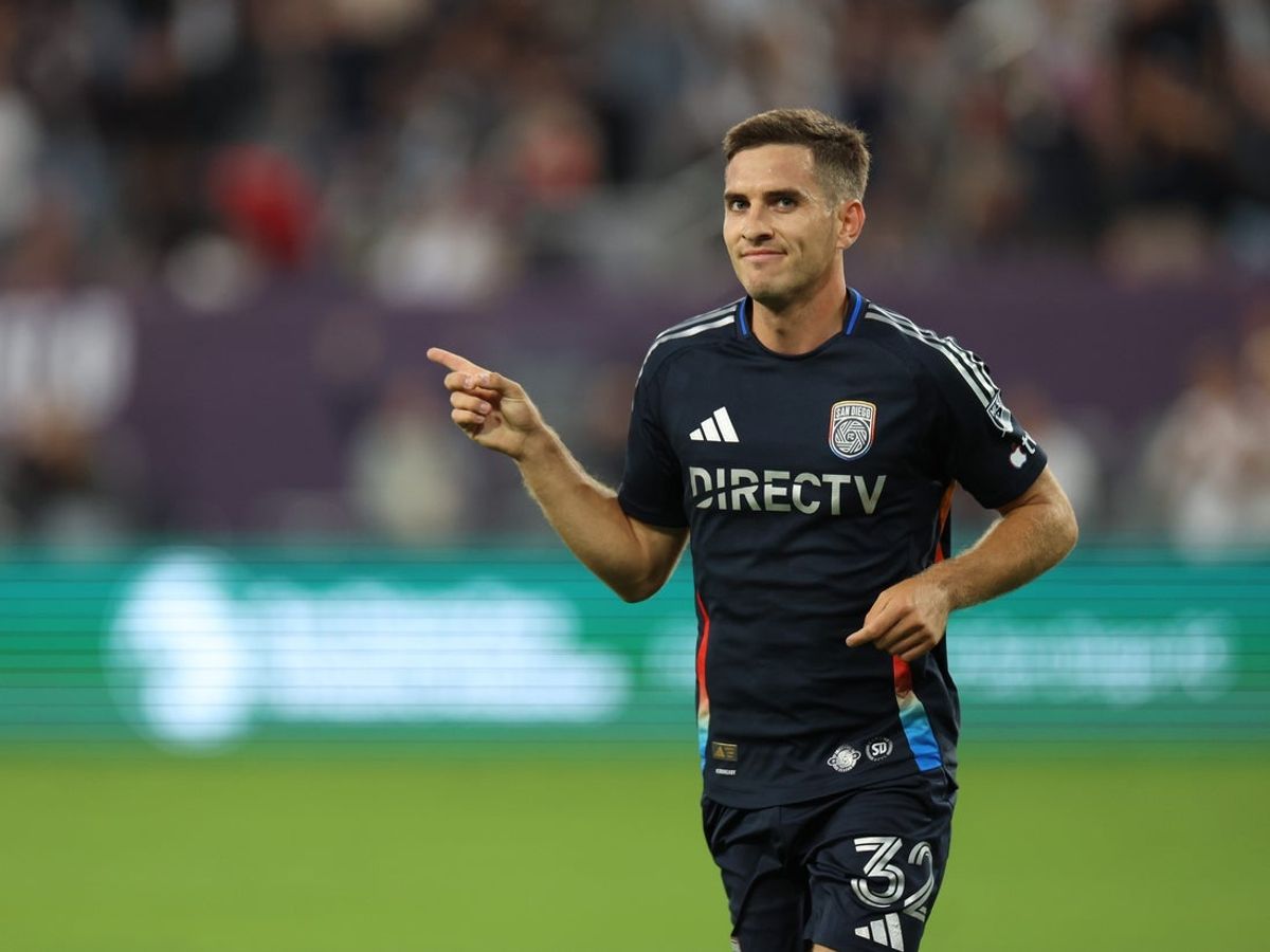Jul 5, 2025; San Diego, California, USA; San Diego FC forward Milan Iloski (32) celebrates after scoring a goal during the first half against the Houston Dynamo at Snapdragon Stadium. Mandatory Credit: Abe Arredondo-Imagn Images