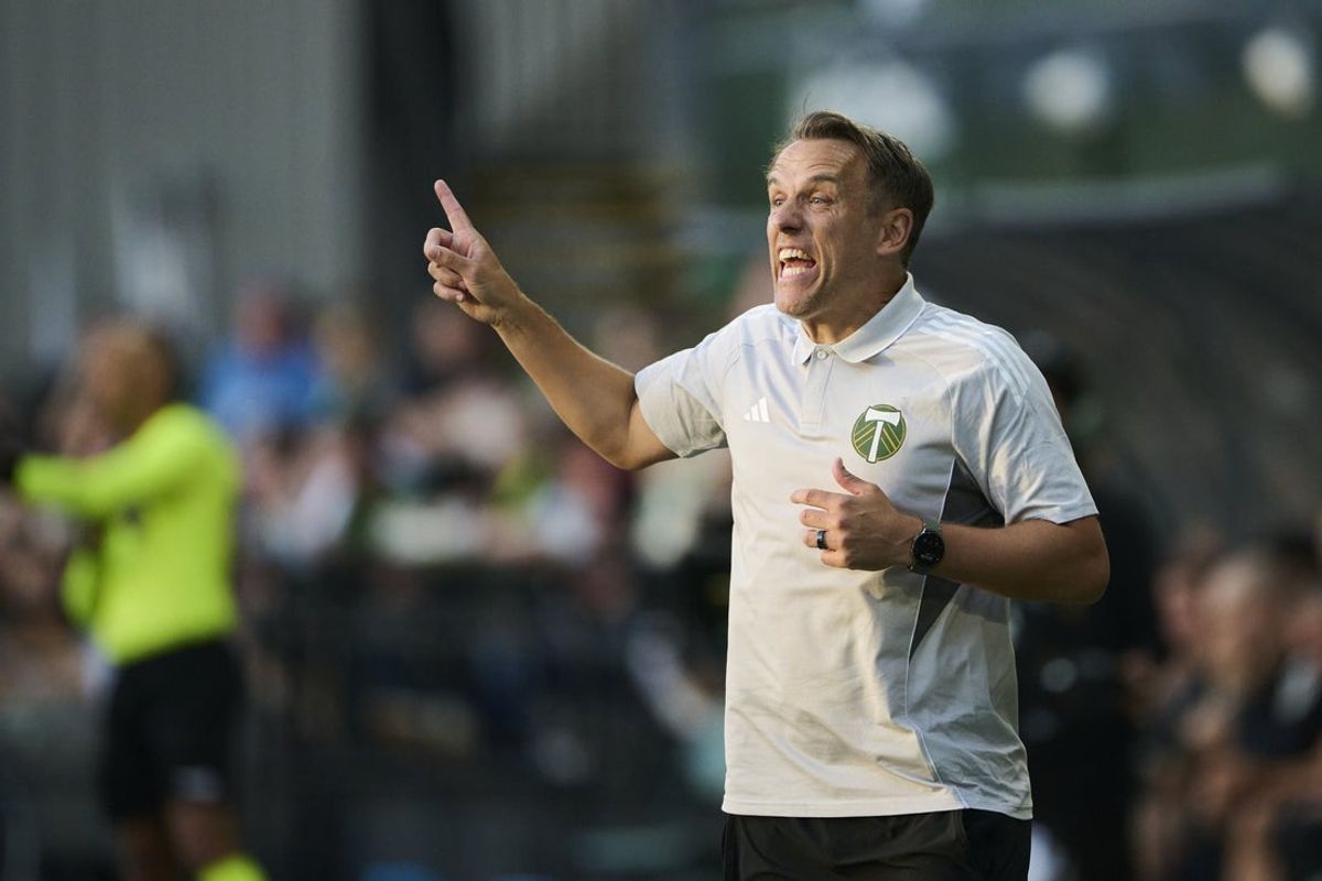 Jul 5, 2025; Portland, Oregon, USA; Portland Timbers head coach Phil Neville directs players during the first half against the New England Revolution at Providence Park. Mandatory Credit: Troy Wayrynen-Imagn Images
