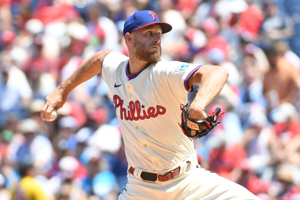 Jul 6, 2025; Philadelphia, Pennsylvania, USA; Philadelphia Phillies pitcher Zack Wheeler (45) throws a pitch during the first inning against the Cincinnati Reds at Citizens Bank Park. Mandatory Credit: Eric Hartline-Imagn Images