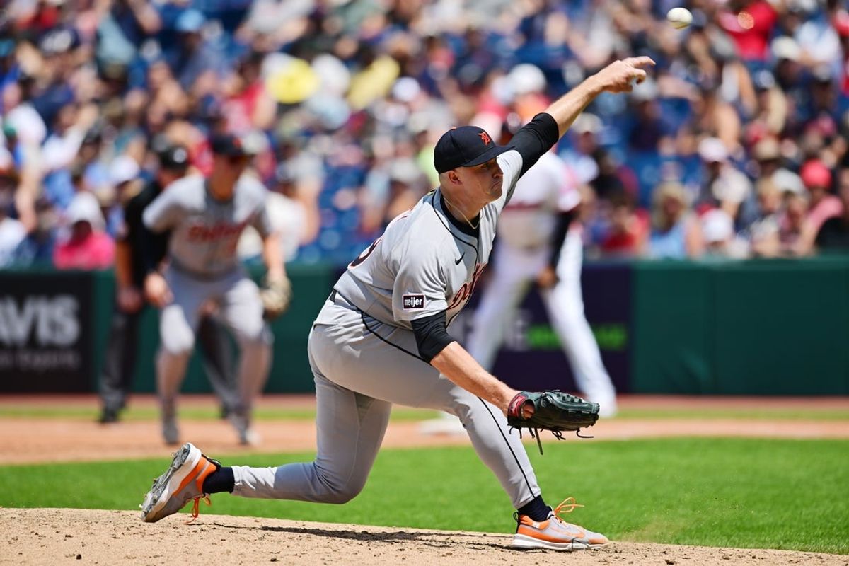 Jul 6, 2025; Cleveland, Ohio, USA; Detroit Tigers starting pitcher Tarik Skubal (29) throws a pitch during the fourth inning against the Cleveland Guardians at Progressive Field. Mandatory Credit: Ken Blaze-Imagn Images