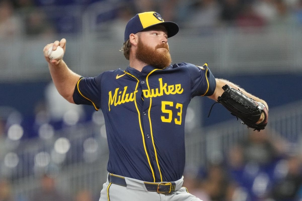 Jul 6, 2025; Miami, Florida, USA;  Milwaukee Brewers starting pitcher Brandon Woodruff (53) throws a pitch in the first inning against the Miami Marlins at loanDepot Park. Mandatory Credit: Jim Rassol-Imagn Images