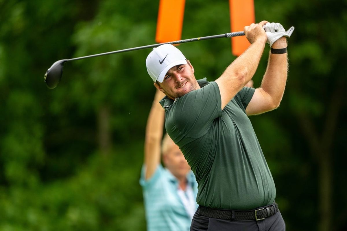 Jul 6, 2025; Silvis, Illinois, USA; Chris Gotterup tees off on the 2nd hole during the final round of the John Deere Classic golf tournament. Mandatory Credit: Marc Lebryk-Imagn Images