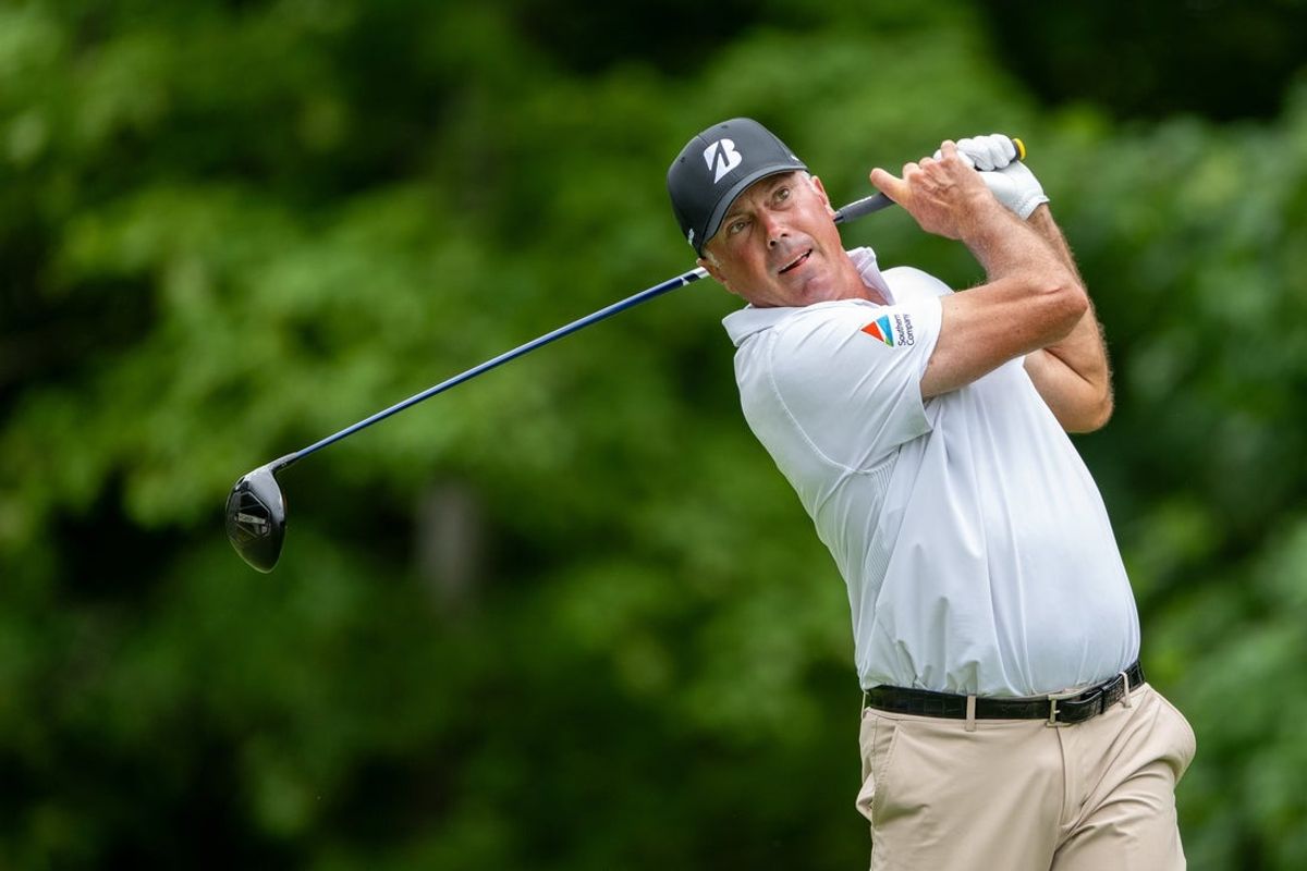 Jul 6, 2025; Silvis, Illinois, USA; Matt Kuchar tees off on the 2nd hole during the final round of the John Deere Classic golf tournament. Mandatory Credit: Marc Lebryk-Imagn Images